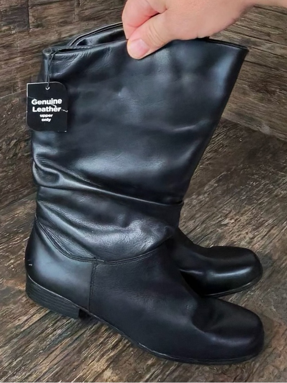 Black Genuine Leather Slouch Mid-Calf Boots